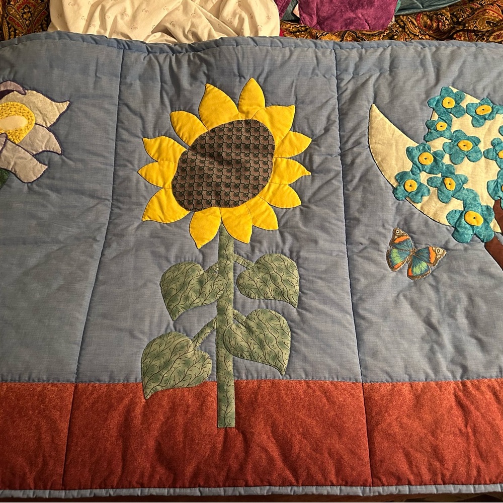 Homemade Floral Patchwork Quilt wall decor 33”x108”